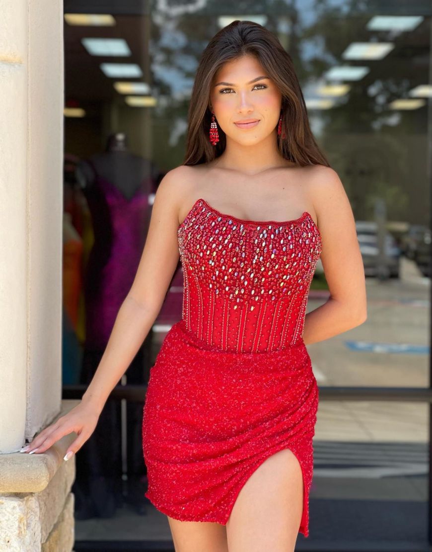 Sparkly Red Strapless Short Homecoming Dress With Split - Fashionpara