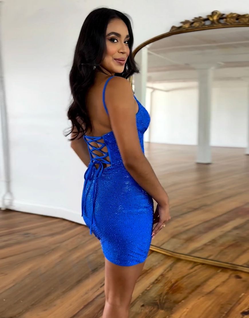 Sparkly Royal Blue Lace Up Back Tight Homecoming Party Dress - Fashionpara
