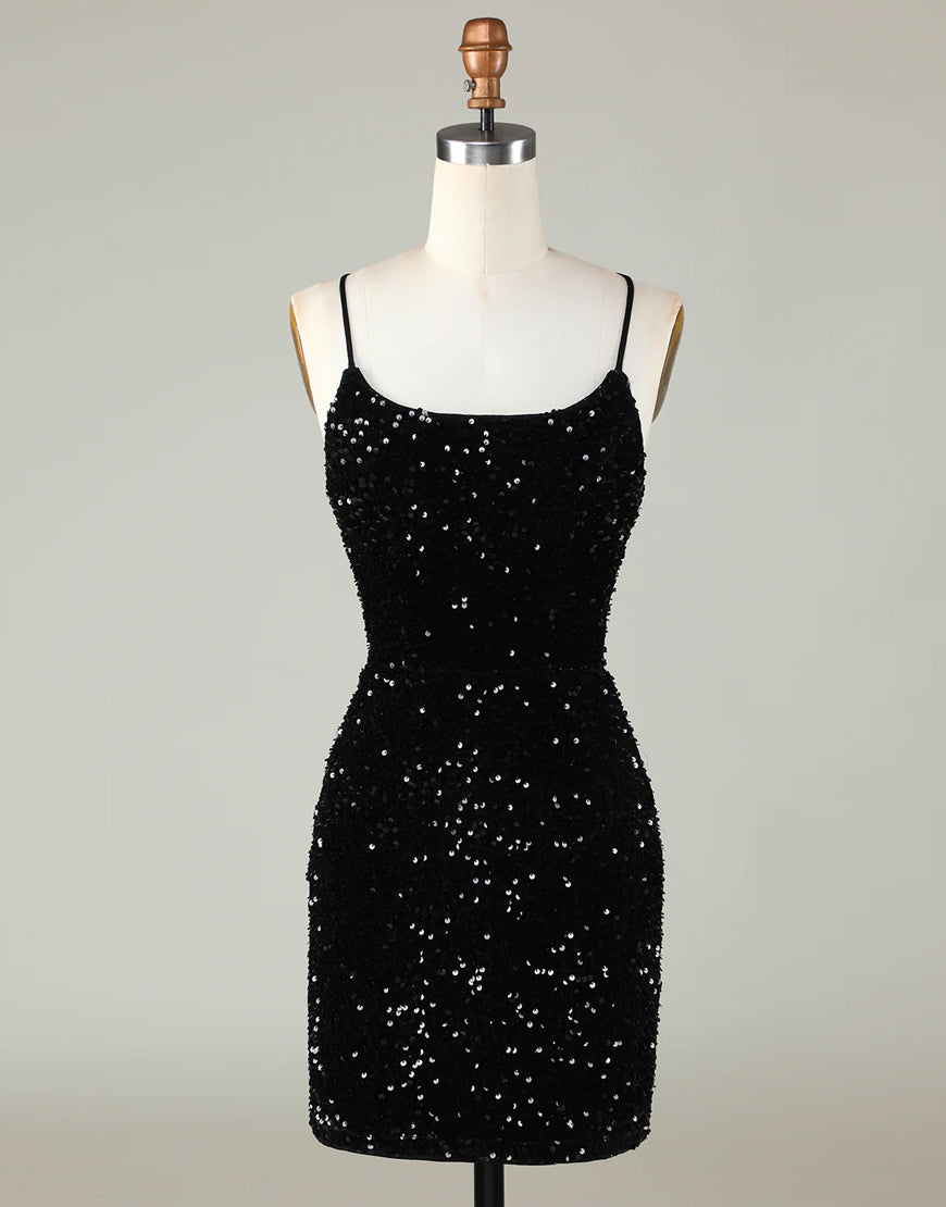 Sparkly Sequin Spaghetti straps Corset Back Tight Homecoming Dress - Fashionpara
