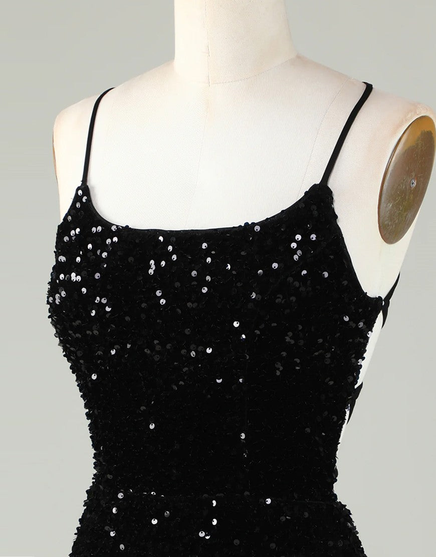 Sparkly Sequin Spaghetti straps Corset Back Tight Homecoming Dress - Fashionpara