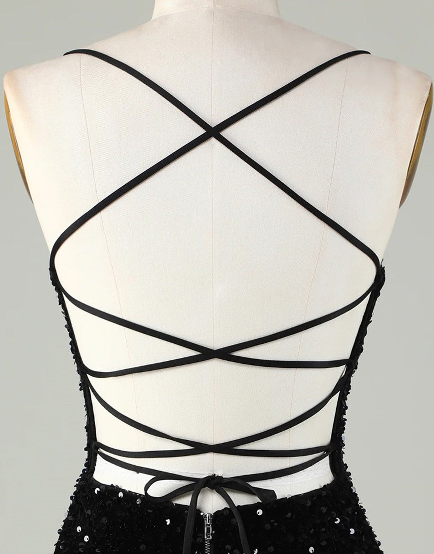 Sparkly Sequin Spaghetti straps Corset Back Tight Homecoming Dress - Fashionpara