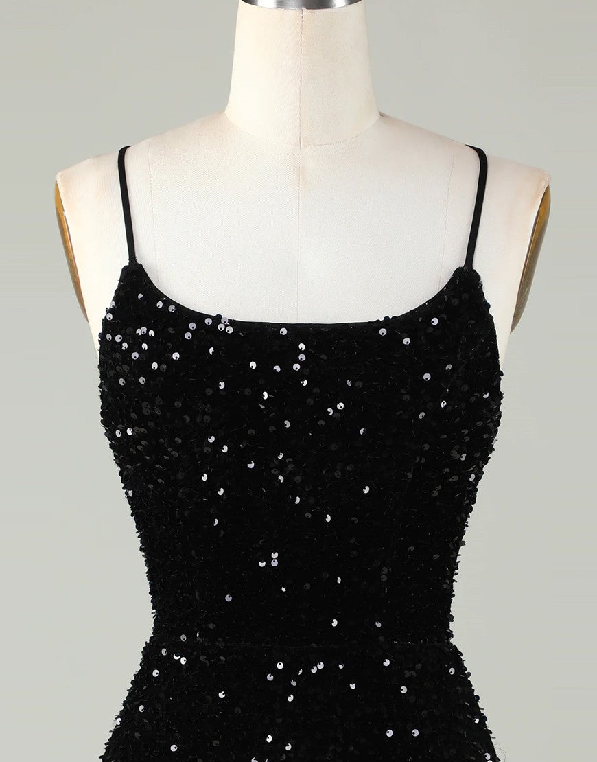 Sparkly Sequin Spaghetti straps Corset Back Tight Homecoming Dress - Fashionpara