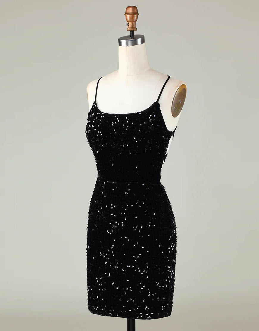 Sparkly Sequin Spaghetti straps Corset Back Tight Homecoming Dress - Fashionpara