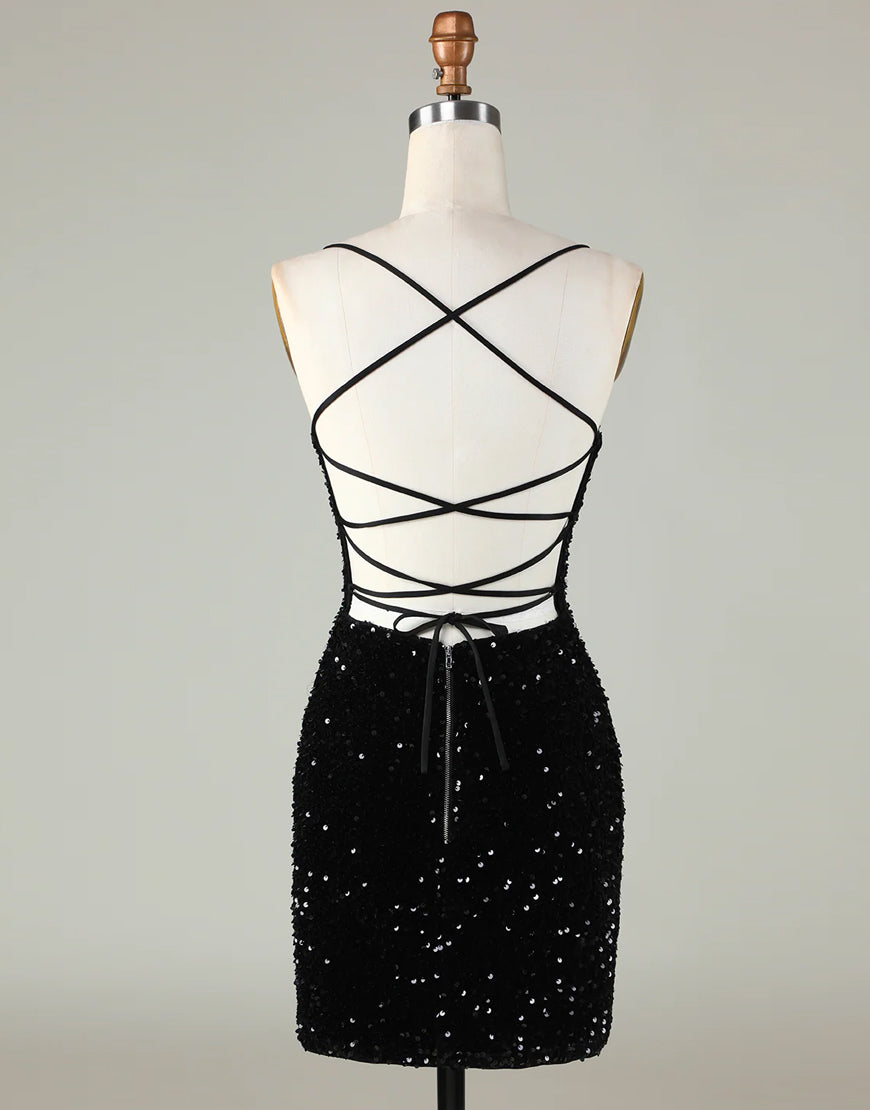 Sparkly Sequin Spaghetti straps Corset Back Tight Homecoming Dress - Fashionpara
