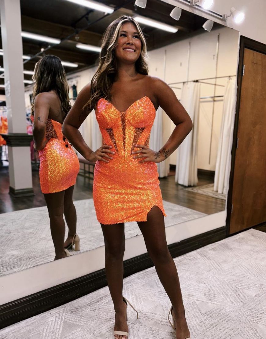 Sparkly Sequin Strapless Tight Short Homecoming Dress with Slit - Fashionpara
