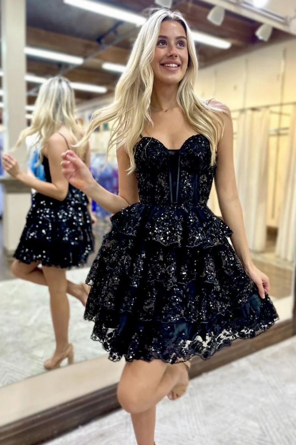 Sparkly Stunning A-Line Spaghetti Straps Short Homecoming Dress With Appliques - Fashionpara