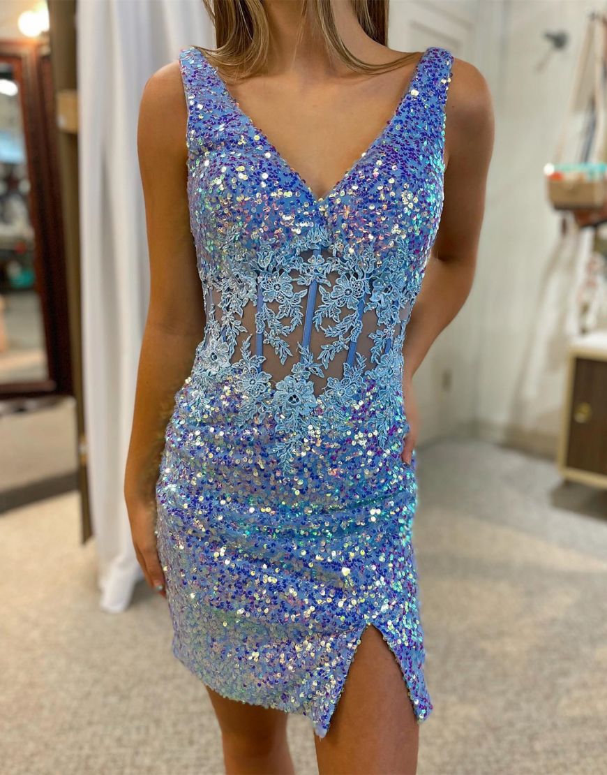 Sparkly V-Neck Short Tight Sequin Homecoming Dress With Split - Fashionpara