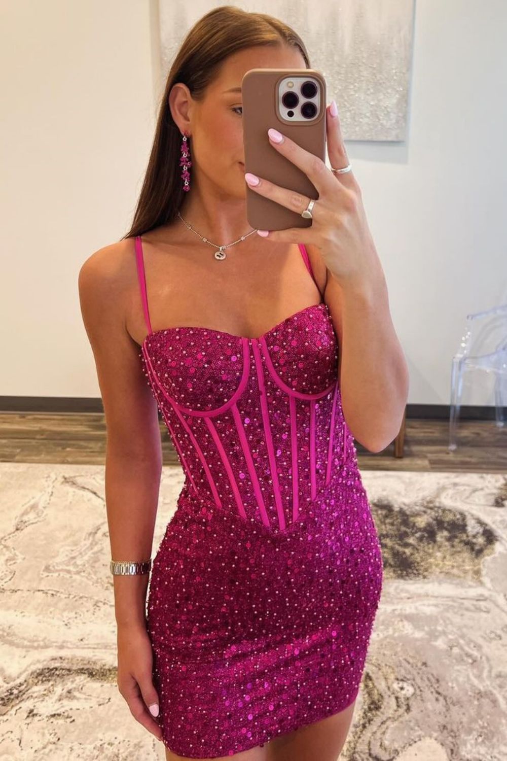 Sparkly Bodycon Spaghetti Straps Short Beaded Homecoming Dress - Fashionpara
