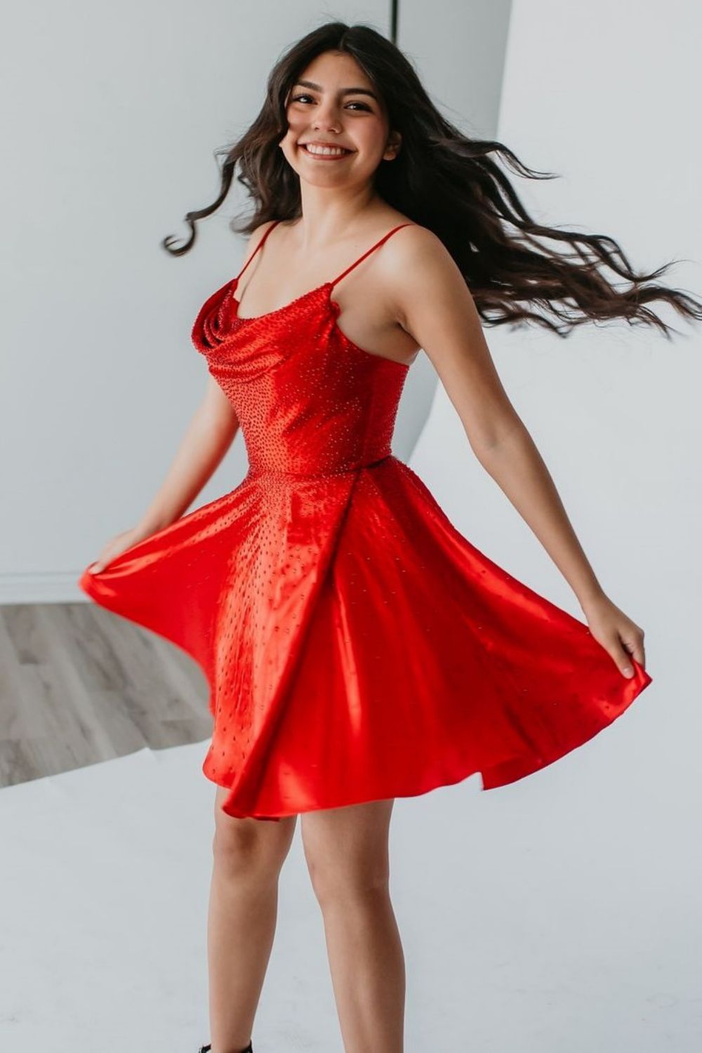 Sparkly Red A-Line Spaghetti Straps Short Beaded Homecoming Dress - Fashionpara