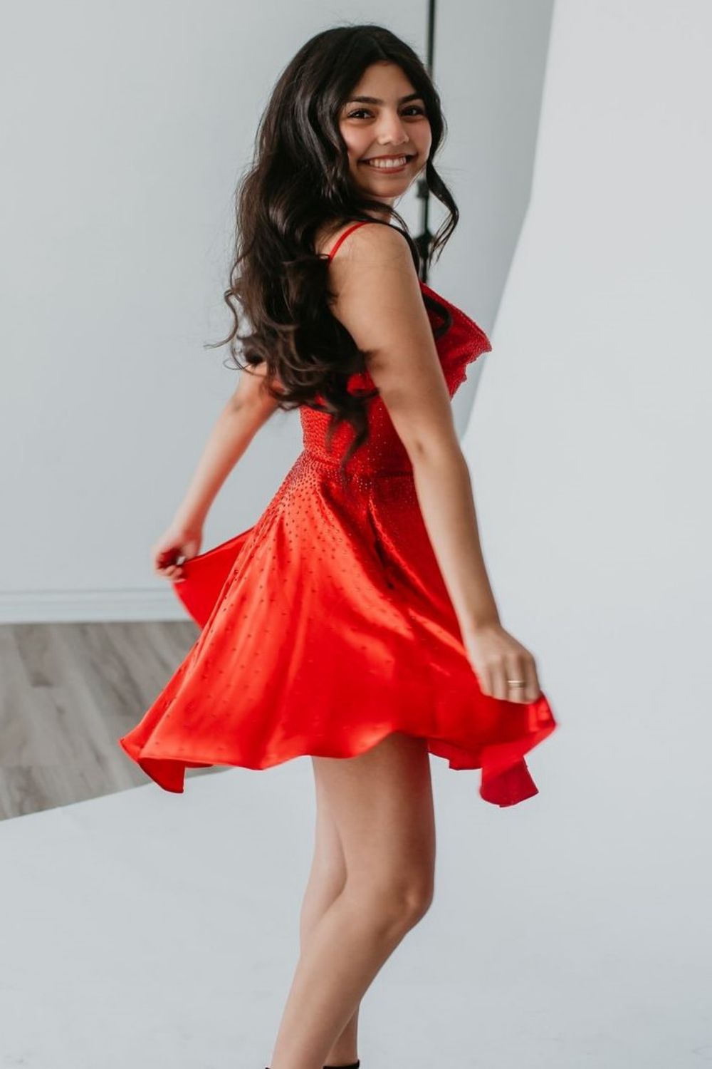 Sparkly Red A-Line Spaghetti Straps Short Beaded Homecoming Dress - Fashionpara