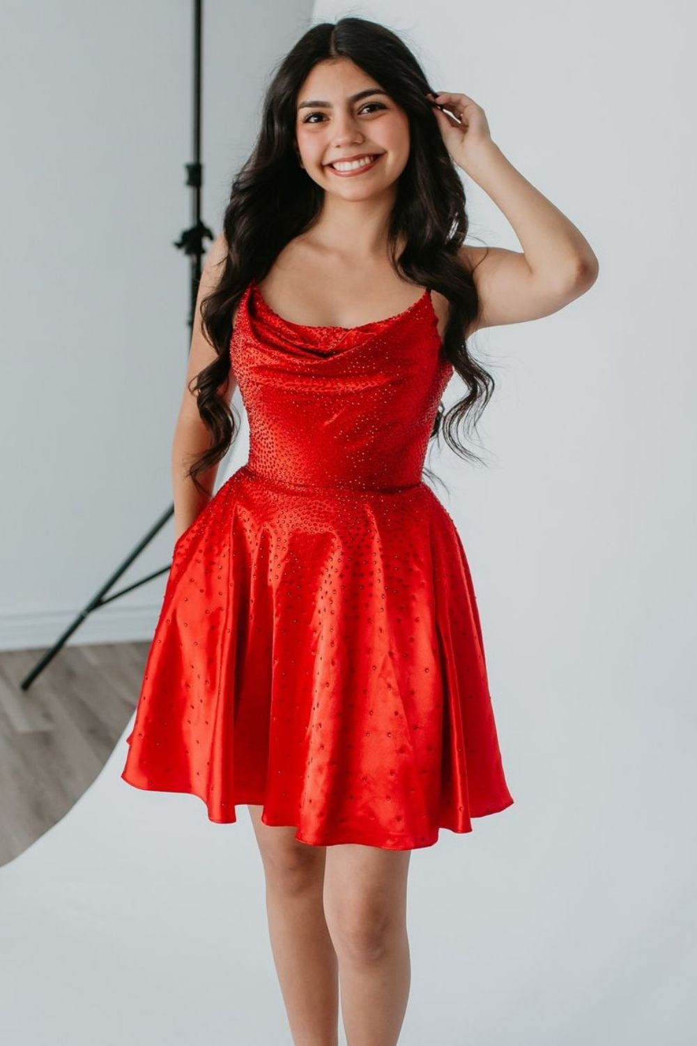 Sparkly Red A-Line Spaghetti Straps Short Beaded Homecoming Dress - Fashionpara