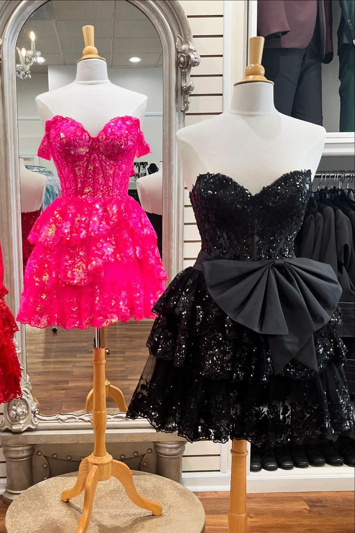 Sparkly Red A-Line Sweetheart Tiered Homecoming Dress With Bowknot - Fashionpara