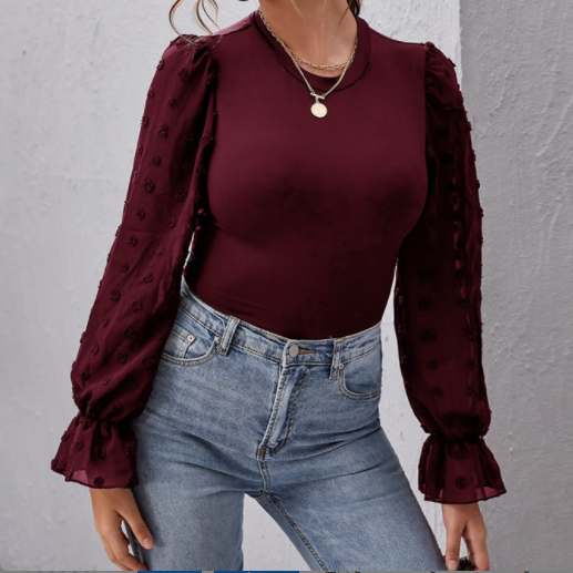 Splicing Round Collar Blouse - Fashionpara