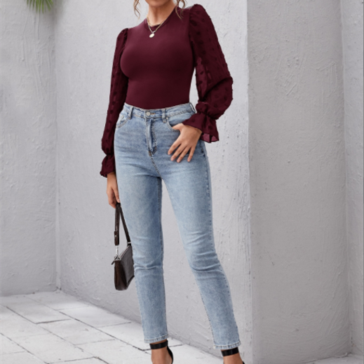 Splicing Round Collar Blouse - Fashionpara