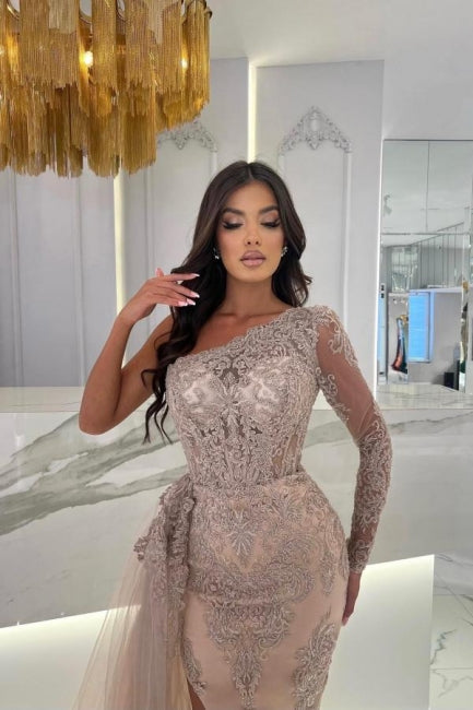 Sweethearts Split Front Column Tulle Long Sleeve One Shoulder Prom Dresseses with Appliques - Fashionpara