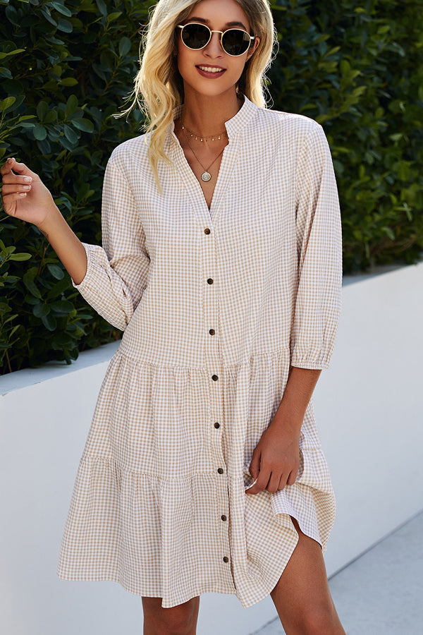 Split Neck Plaid Print Button Up Tunic Dress - Fashionpara