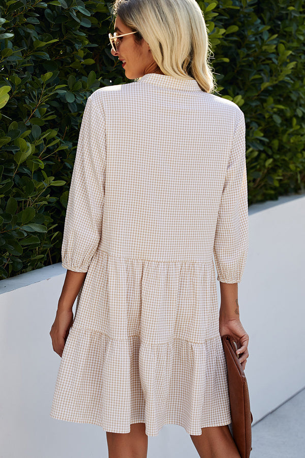 Split Neck Plaid Print Button Up Tunic Dress - Fashionpara