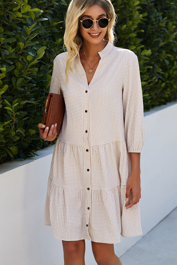 Split Neck Plaid Print Button Up Tunic Dress - Fashionpara