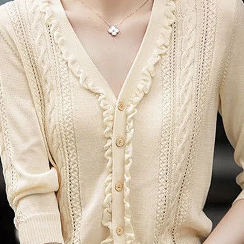 Hollow Out V-Neck Button Knit Cardigan