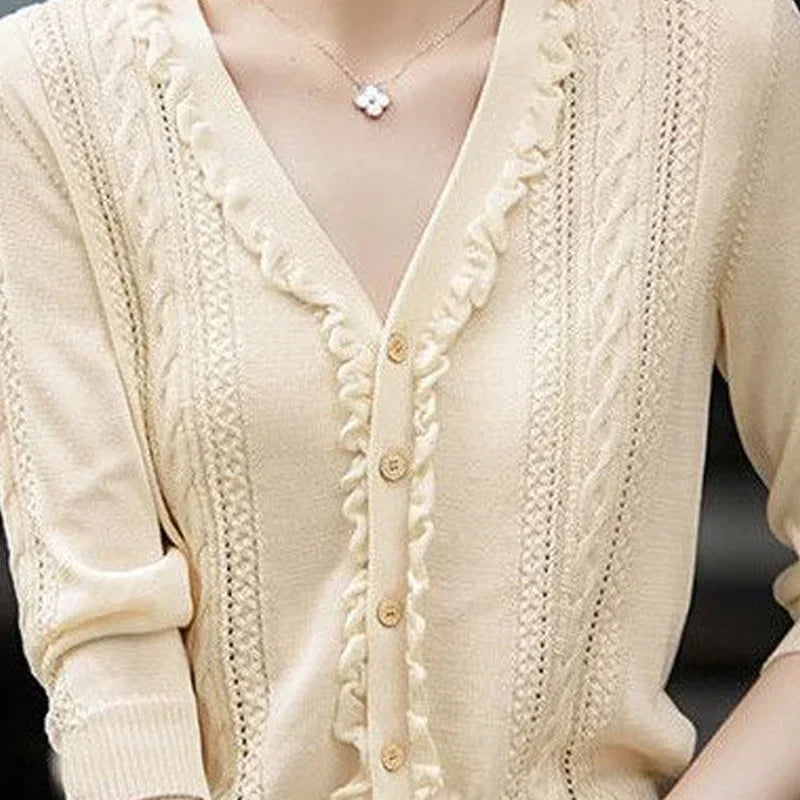 Hollow Out V-Neck Button Knit Cardigan