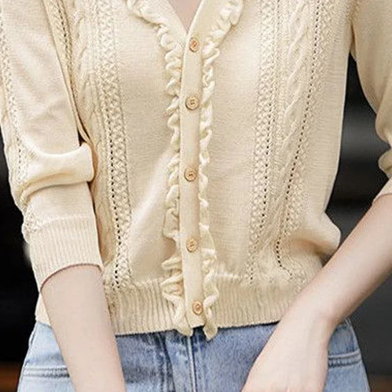 Hollow Out V-Neck Button Knit Cardigan