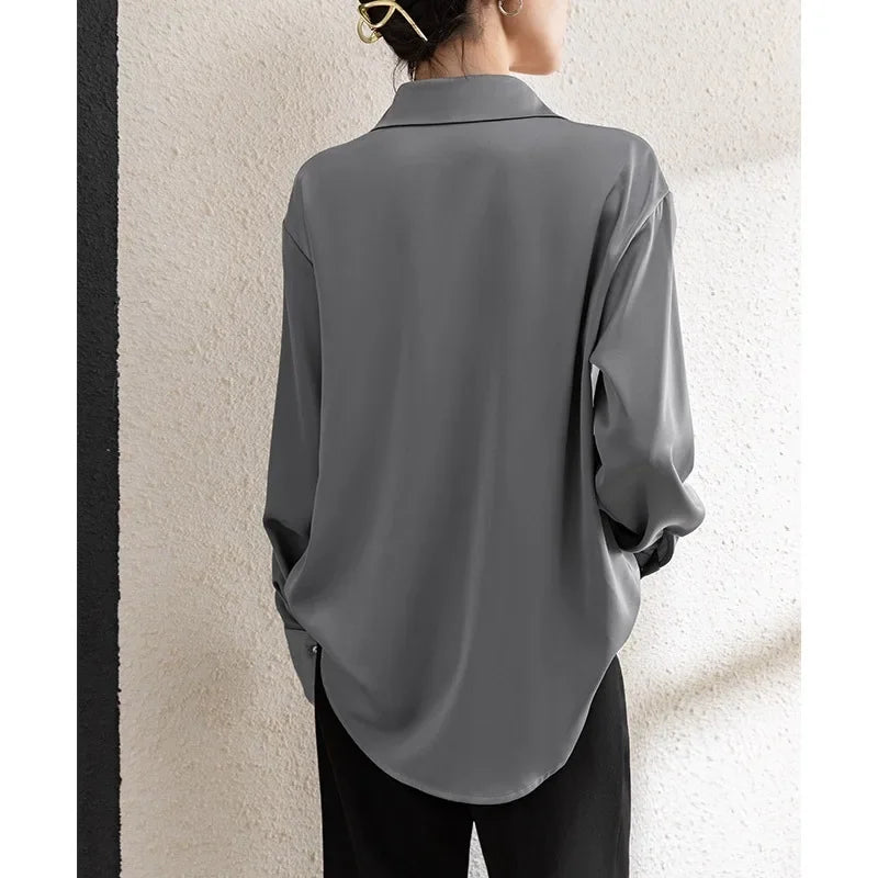 Solid Satin Drape Loose Long Sleeve Office Lady Blouse