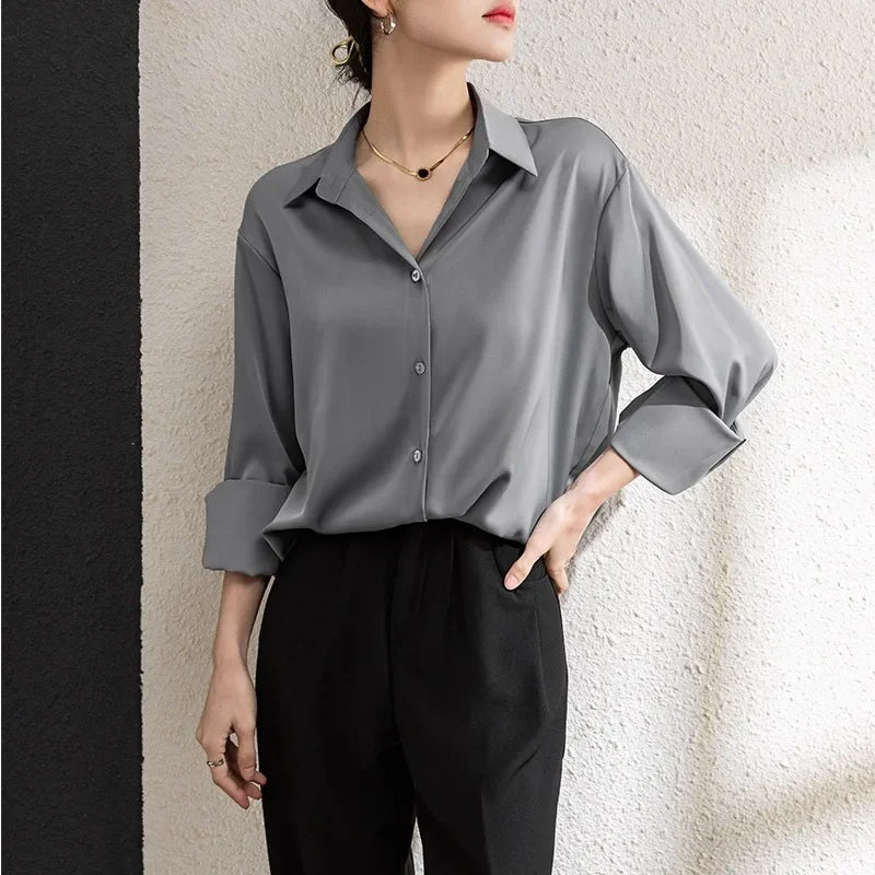 Solid Satin Drape Loose Long Sleeve Office Lady Blouse