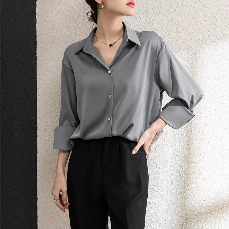 Solid Satin Drape Loose Long Sleeve Office Lady Blouse