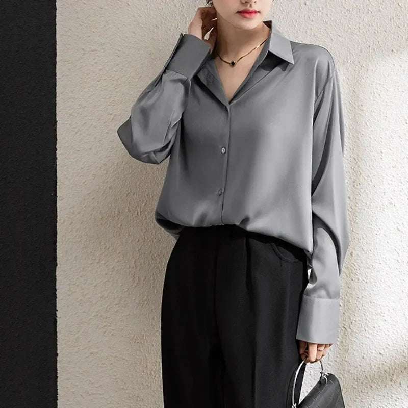 Solid Satin Drape Loose Long Sleeve Office Lady Blouse