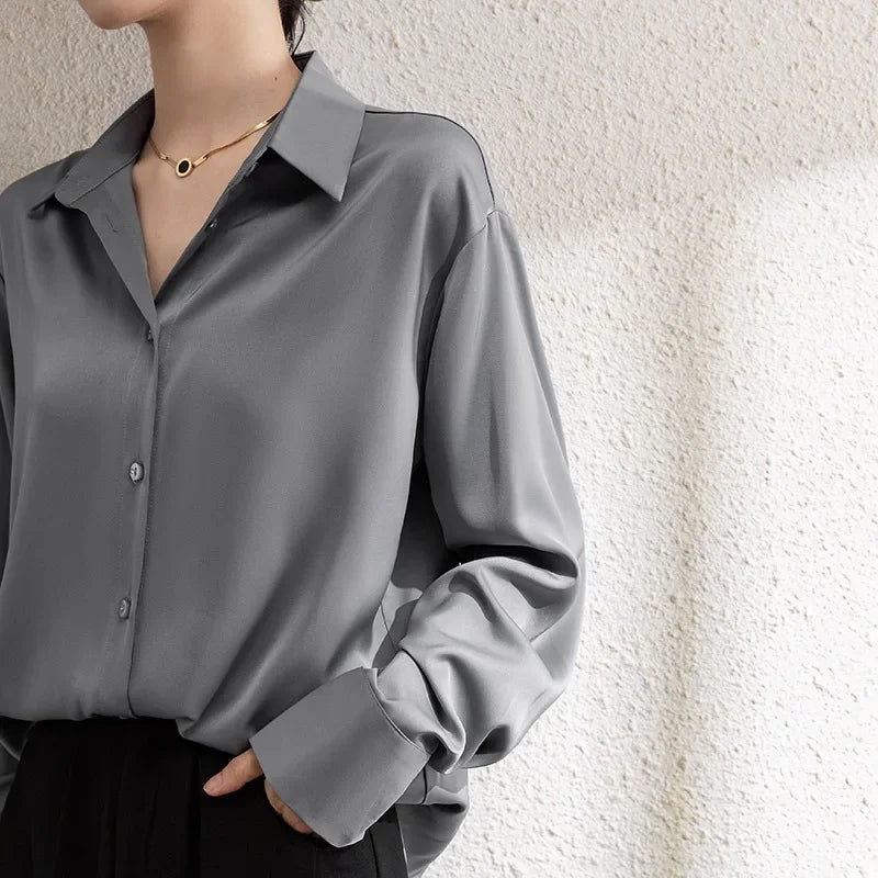 Solid Satin Drape Loose Long Sleeve Office Lady Blouse