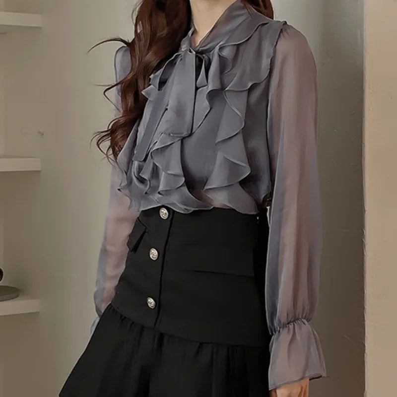 Sweet Bow Chiffon Casual Long Sleeve Blouse