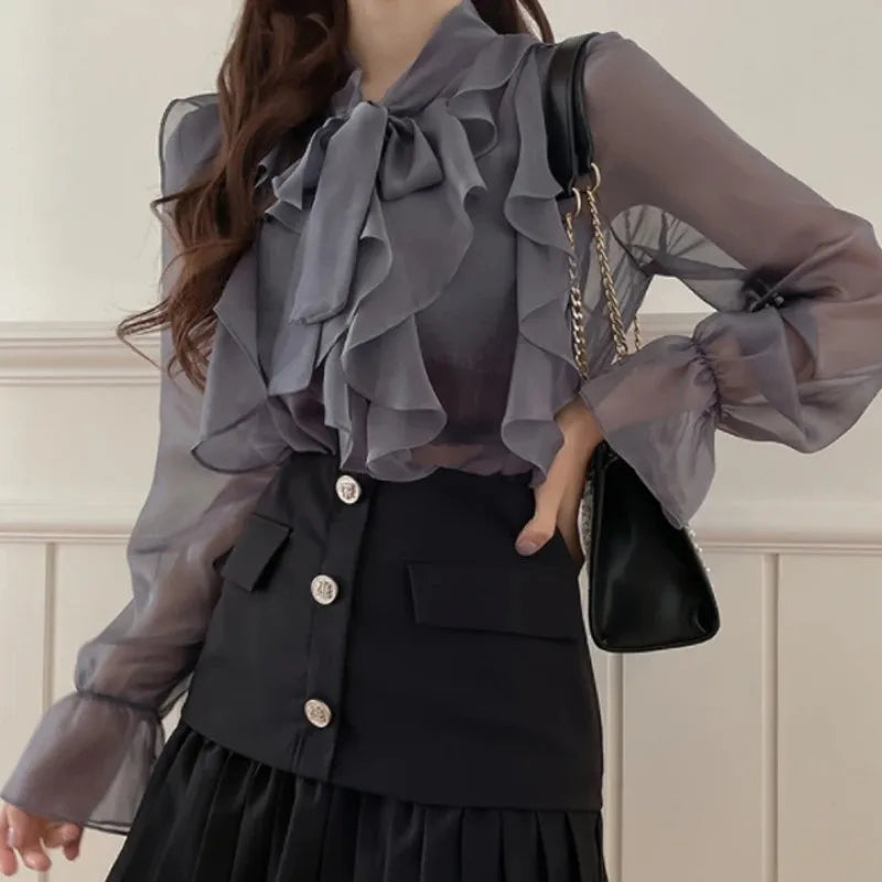 Sweet Bow Chiffon Casual Long Sleeve Blouse
