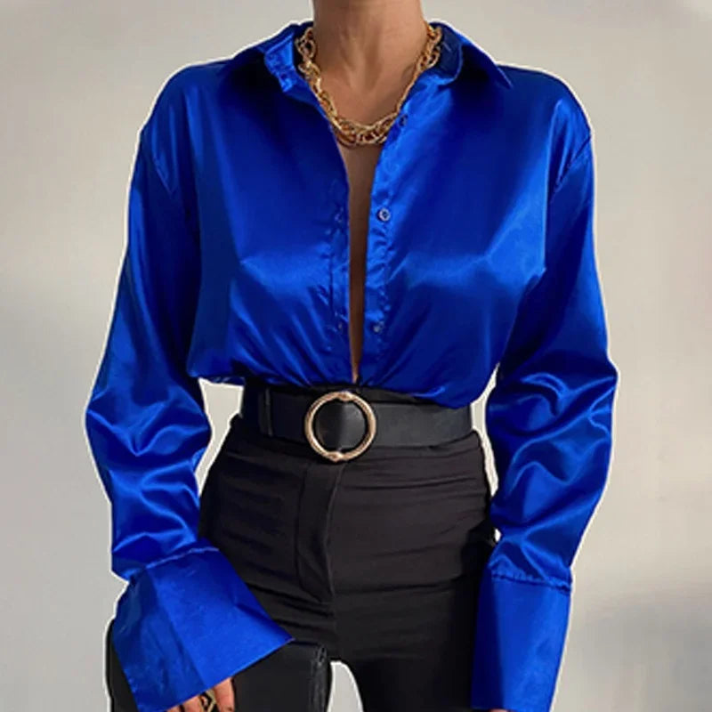 Satin Long Sleeve Vintage Blue Blouse