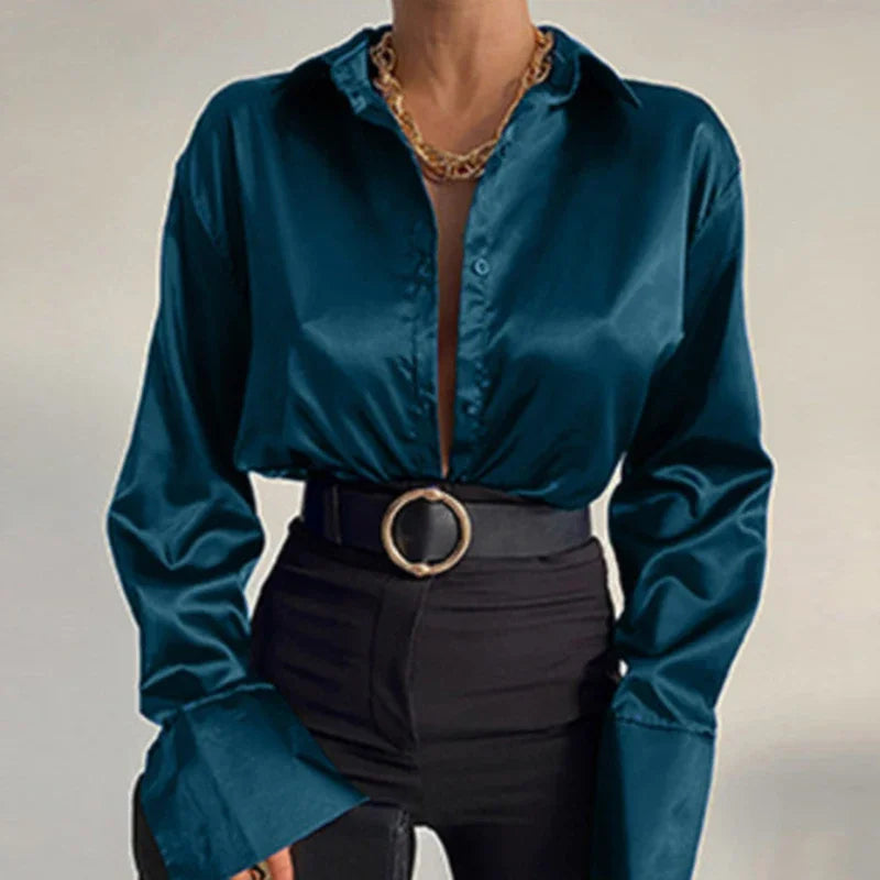 Satin Long Sleeve Vintage Blue Blouse