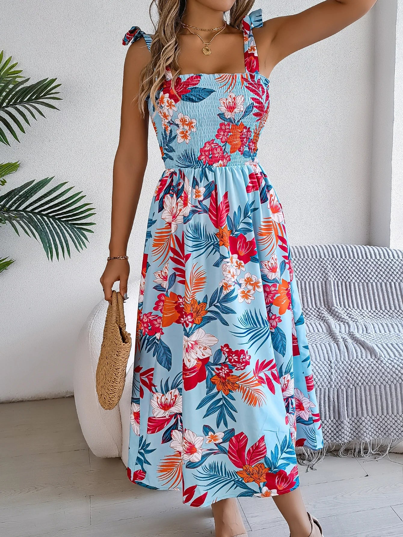 Floral Print Lace-up Sleeveless Vacation Floral Dress