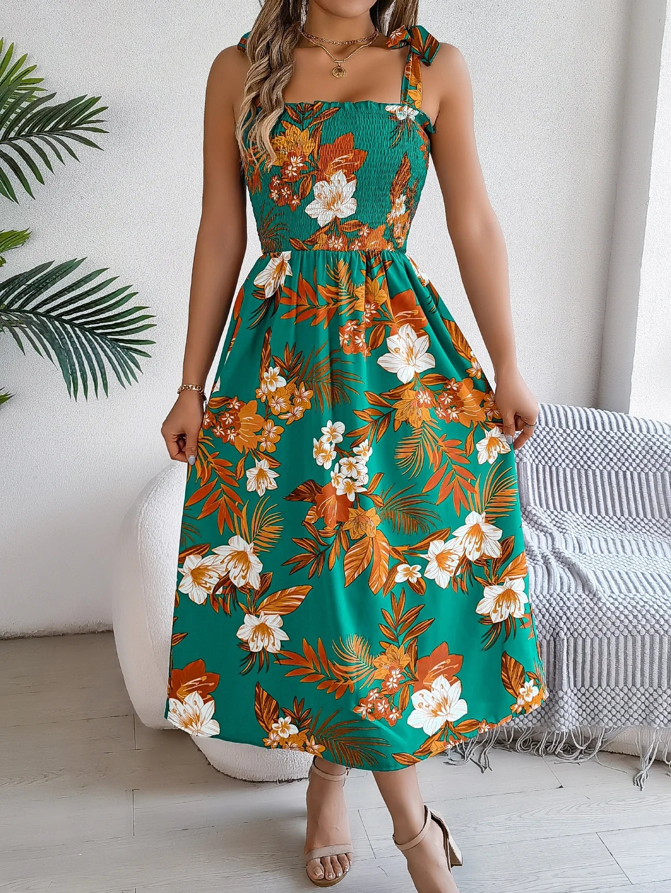 Floral Print Lace-up Sleeveless Vacation Floral Dress