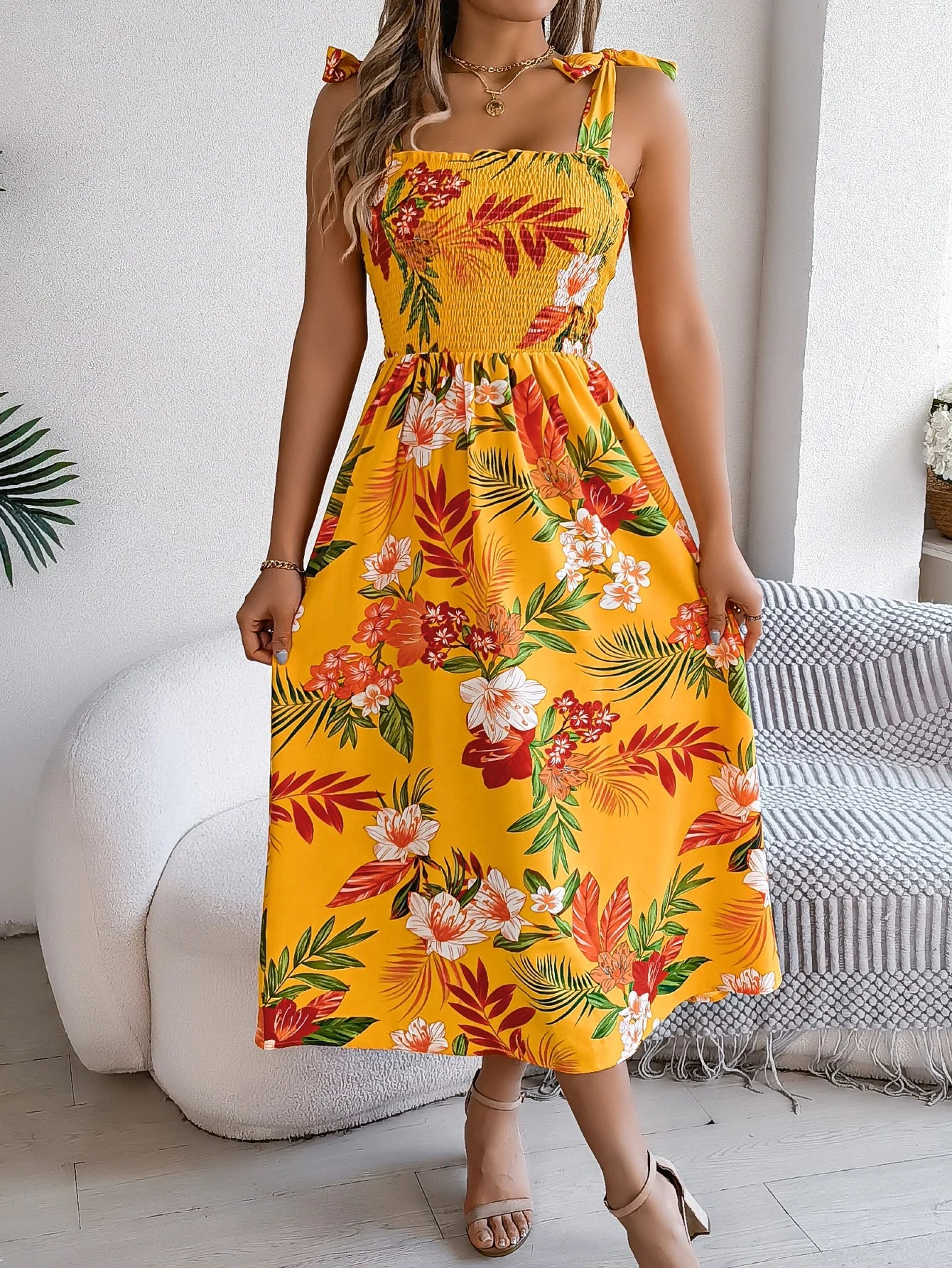 Floral Print Lace-up Sleeveless Vacation Floral Dress