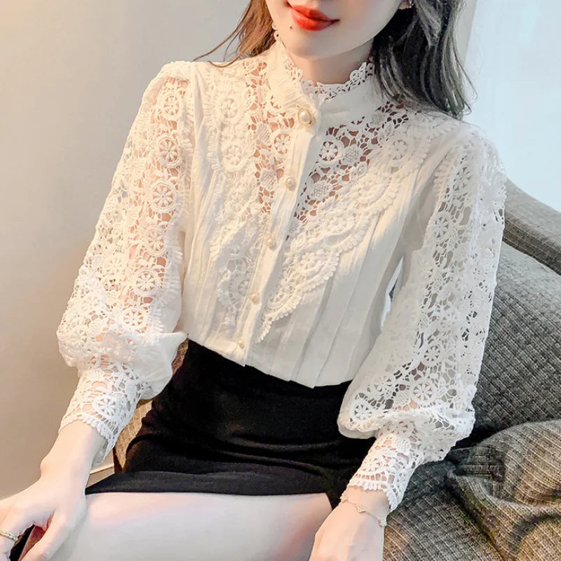 Sweet Hollow Lace Patchwork Button White Blouse