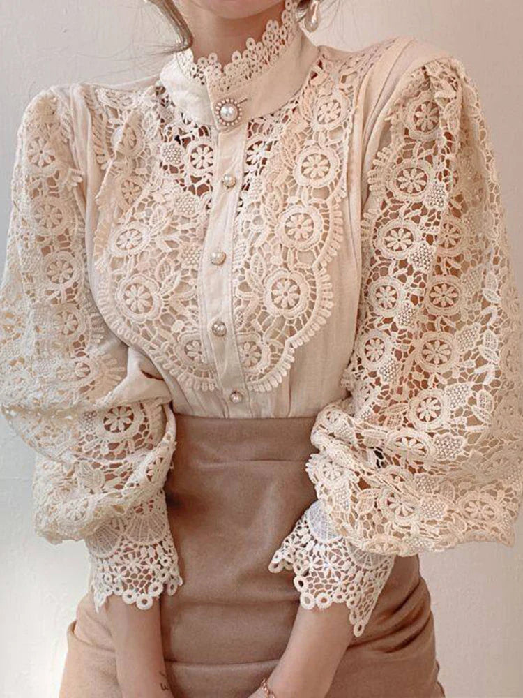 Sweet Hollow Lace Patchwork Button White Blouse