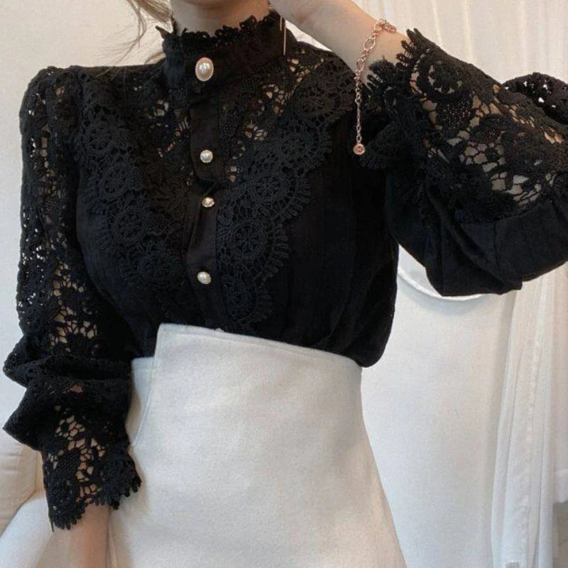 Sweet Hollow Lace Patchwork Button White Blouse