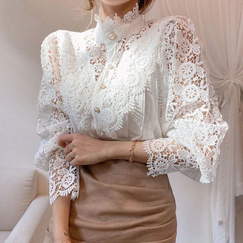 Sweet Hollow Lace Patchwork Button White Blouse