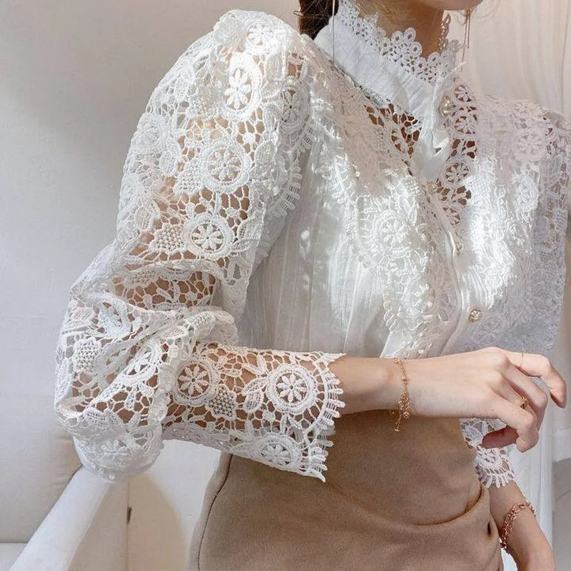 Sweet Hollow Lace Patchwork Button White Blouse
