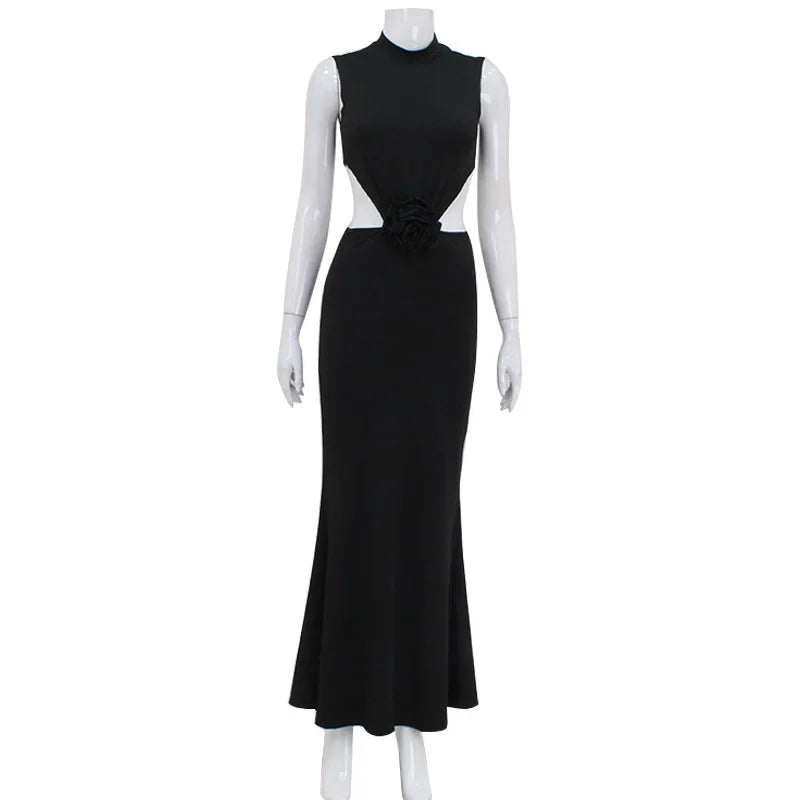 Elegant Hollow Back Sleeveless Turtle Neck Christmas Party Dress - Fashionpara
