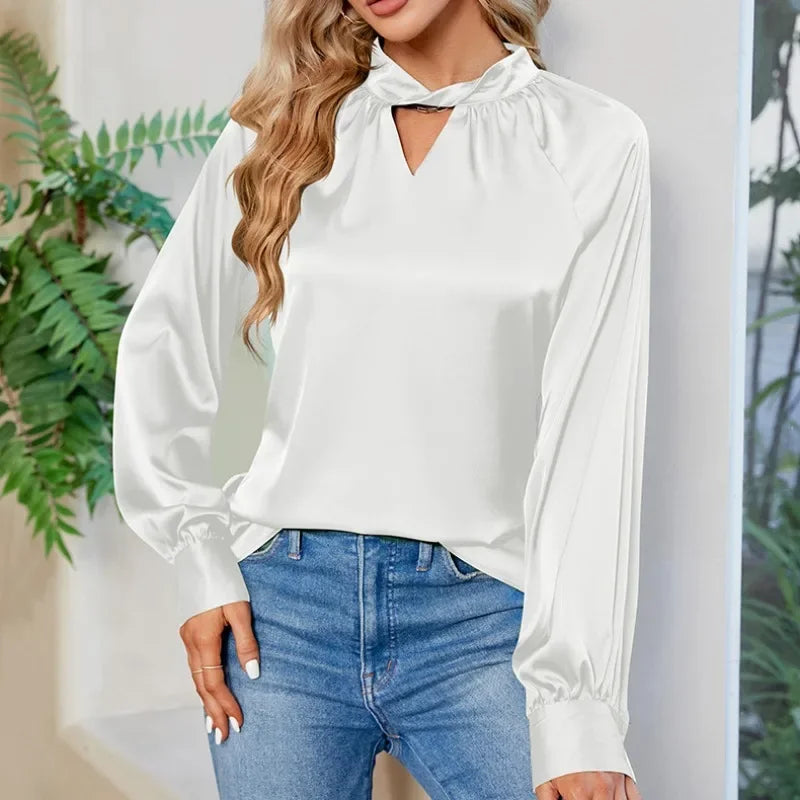 Silk Y2K White V-neck Long Sleeve Blouse
