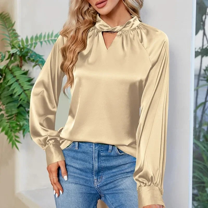 Silk Y2K White V-neck Long Sleeve Blouse