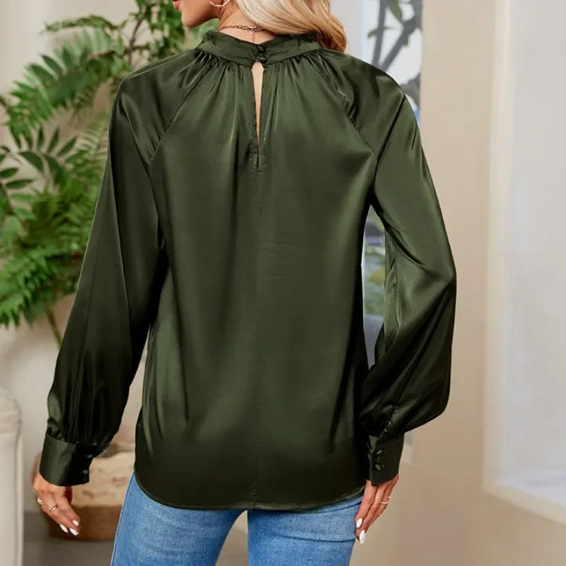 Silk Y2K White V-neck Long Sleeve Blouse