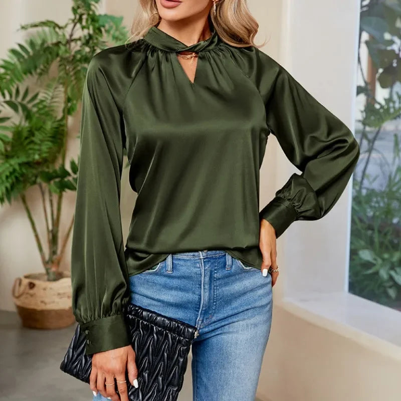 Silk Y2K White V-neck Long Sleeve Blouse