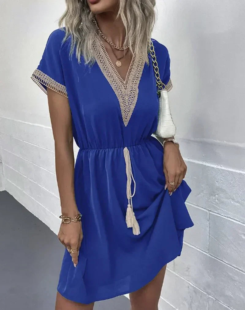 Lace V-Neck Panel Short Sleeve Midi Dress - View 8