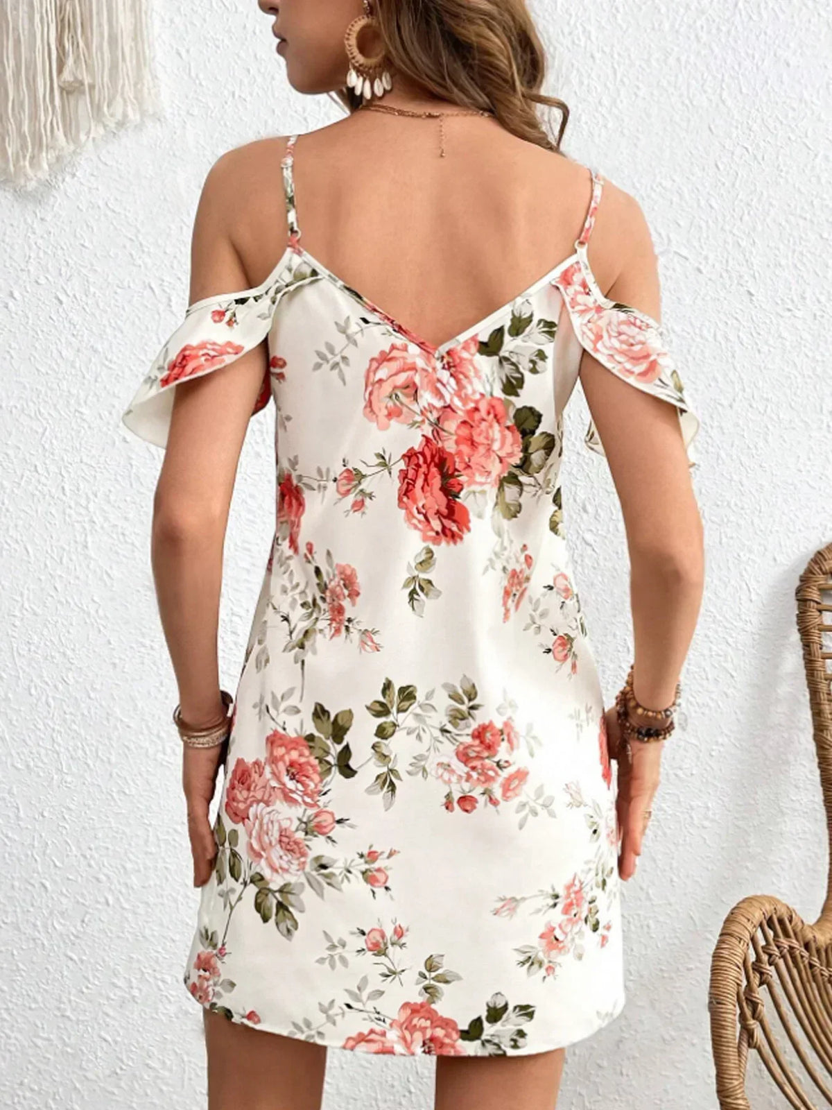 Floral Print V-Neck Cold Shoulder Ruffle Mini Dress