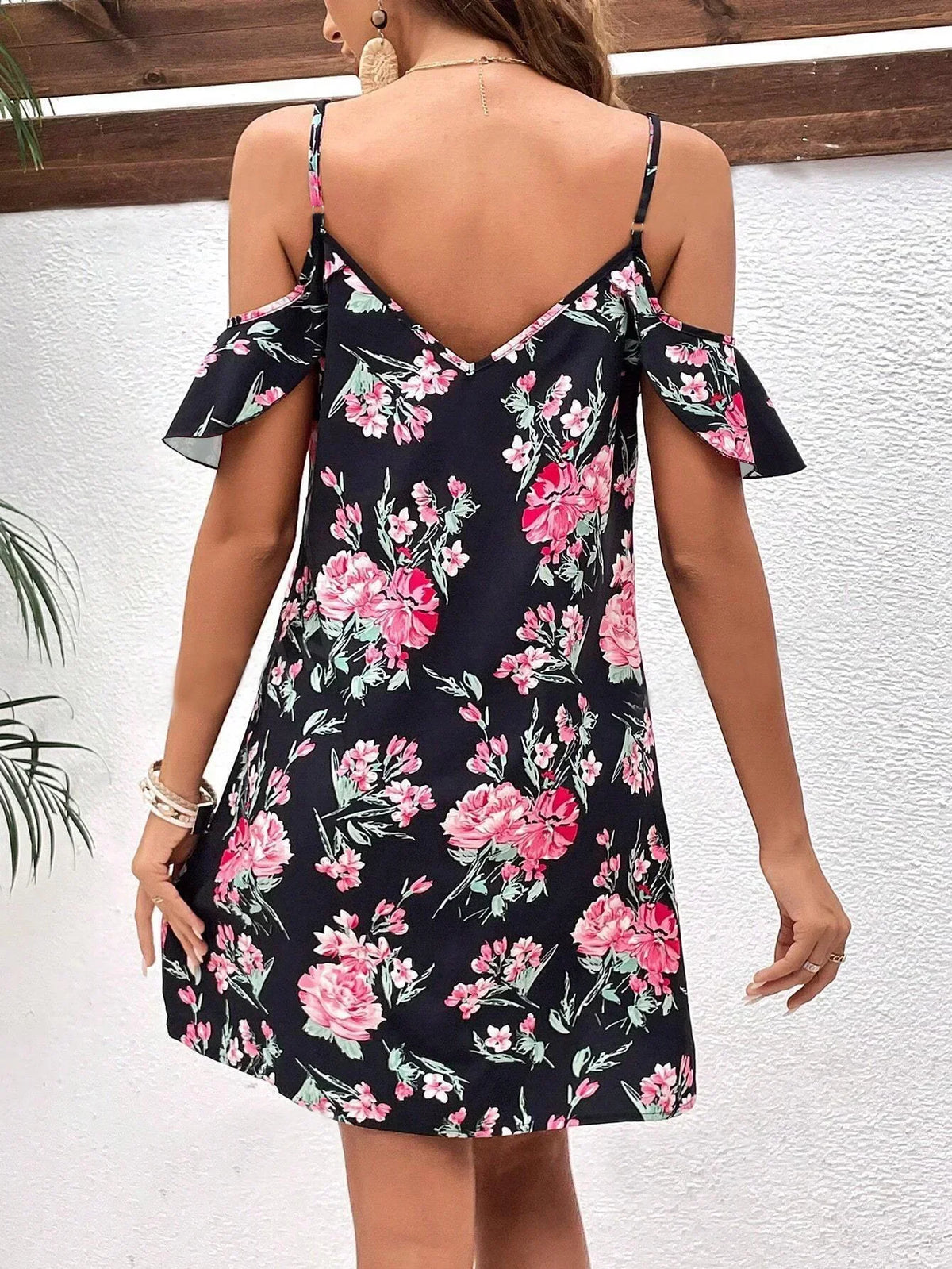 Floral Print V-Neck Cold Shoulder Ruffle Mini Dress